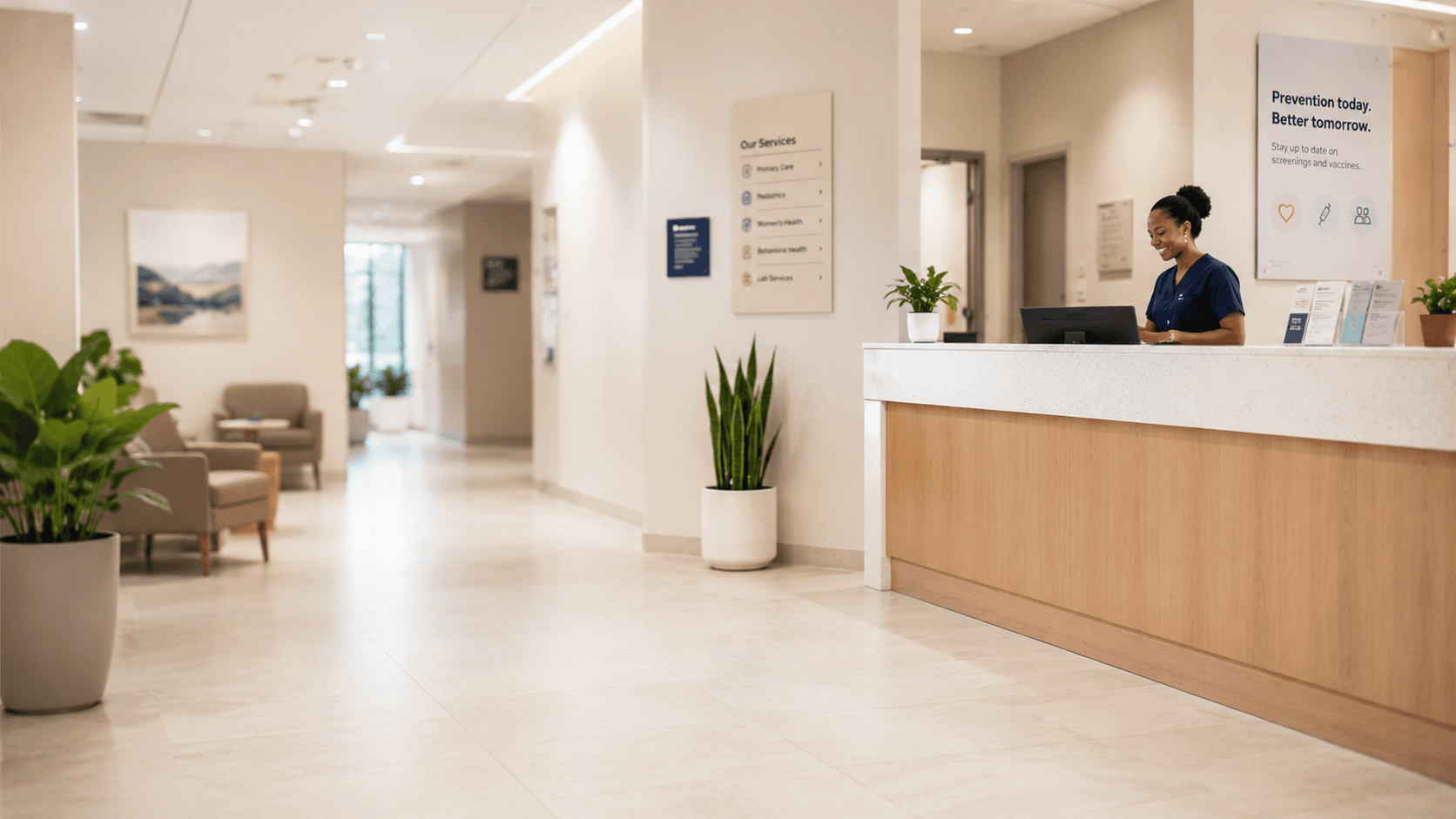 A trusted care conversation between two women in a clinic setting.