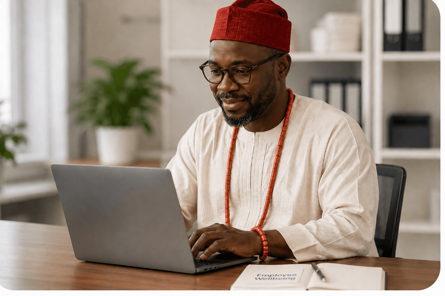 An employer or health-plan decision maker reviewing wellbeing and preventive care programmes on a laptop.