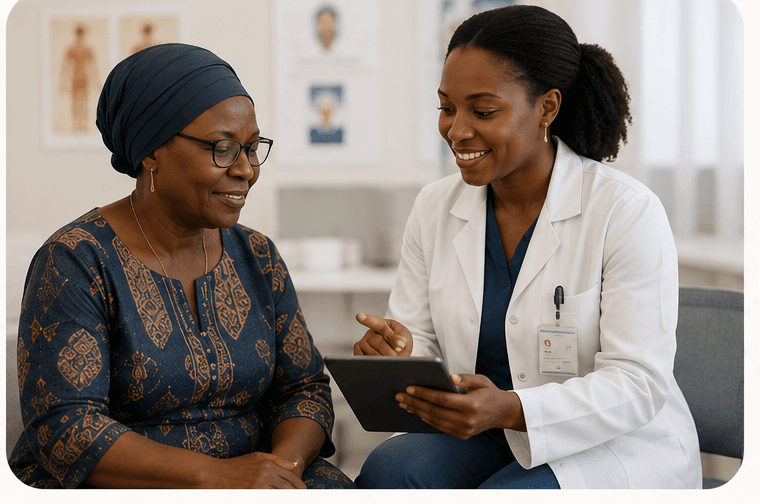 A clinician guiding a patient through ongoing care, monitoring, and next steps.