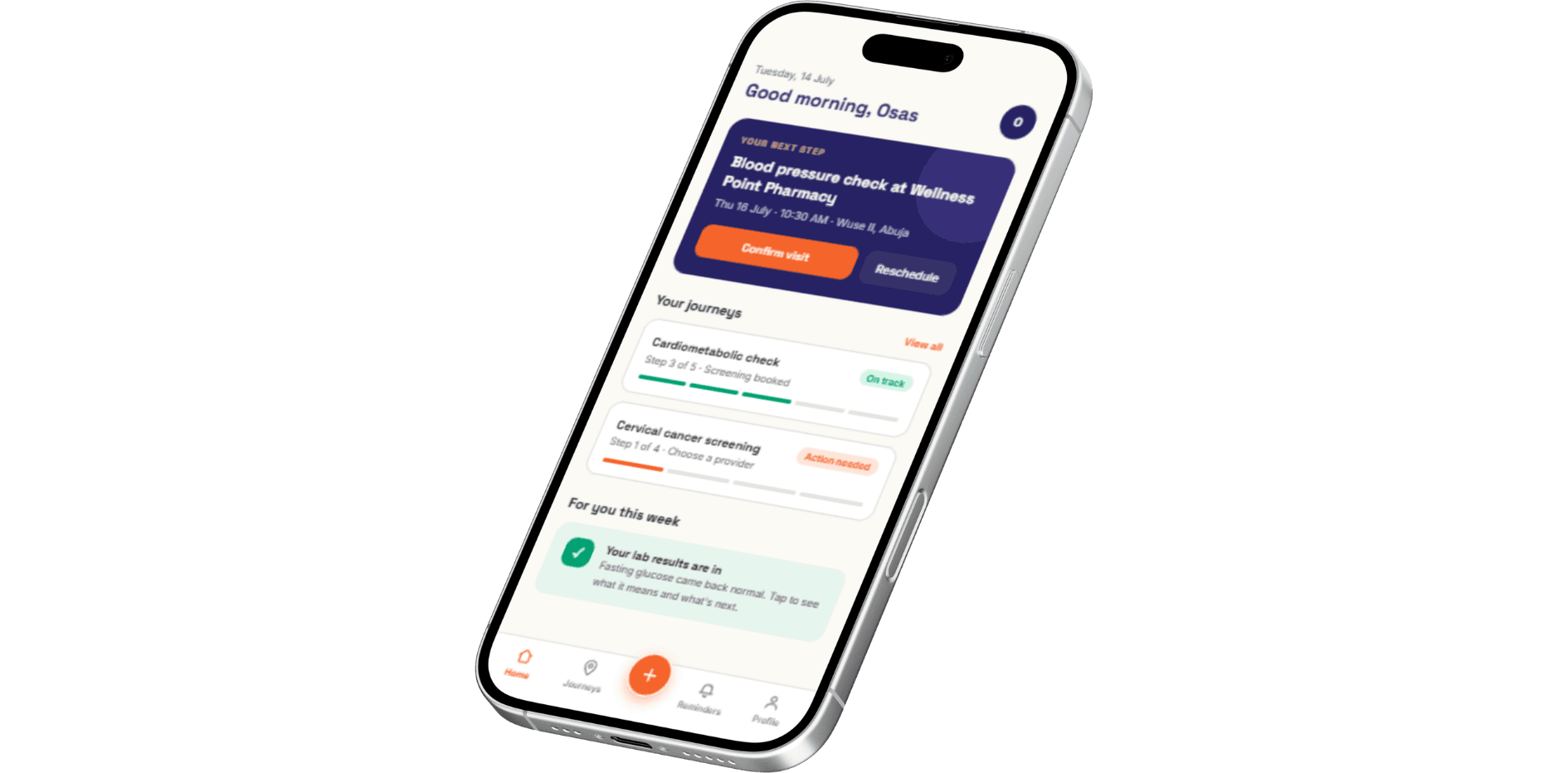 Ofure care plan mobile experience showing medication refill, screening, and booking actions.