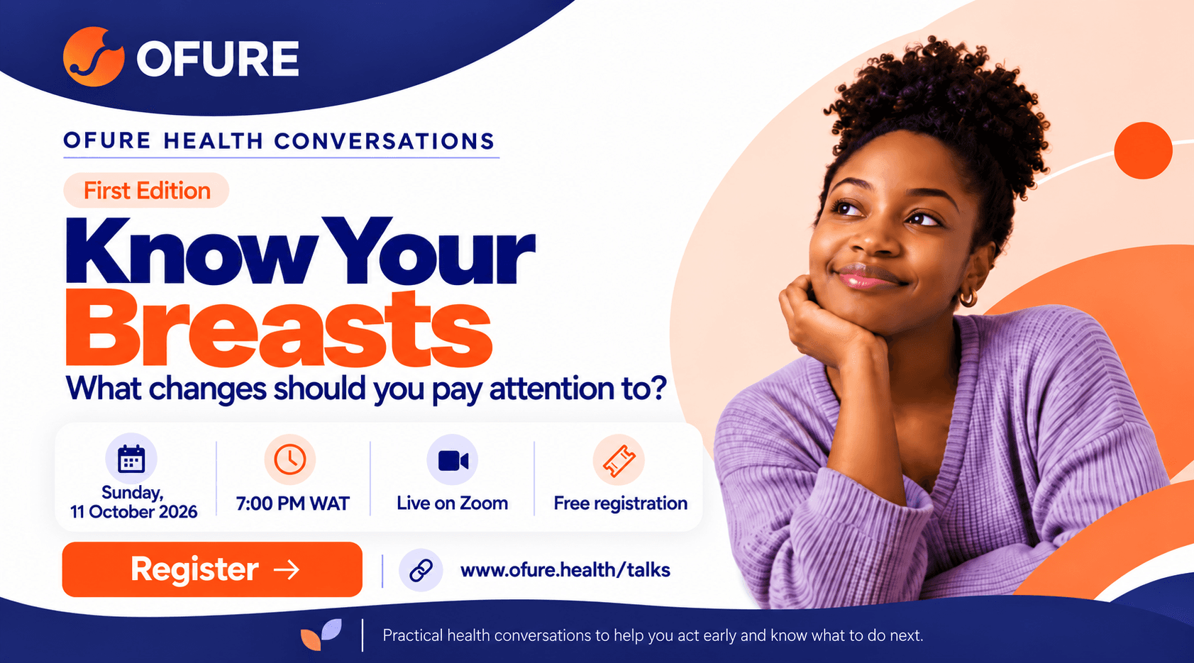 Ofure Health Conversations promotional flyer for the first session, “Know Your Breasts”, focused on breast awareness and early action.