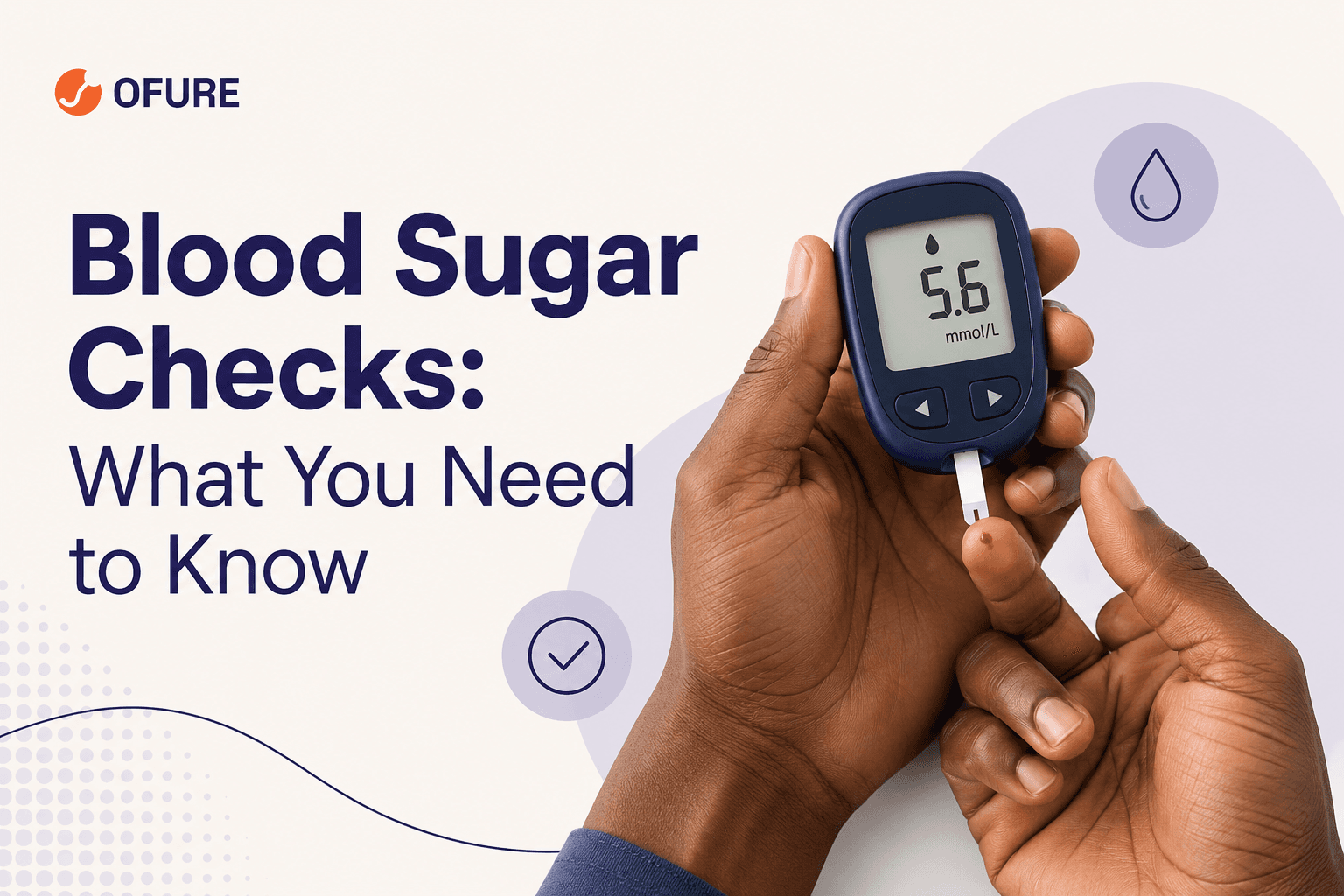Illustrated blood sugar guide showing a glucose meter, blood drop and simple health-check symbols.