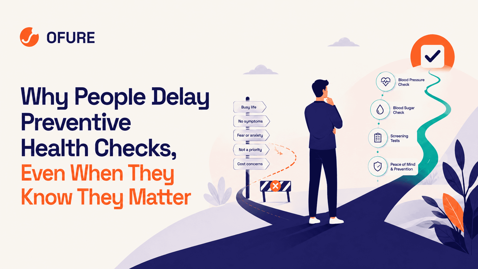 An adult considering different steps involved in completing a preventive health check.